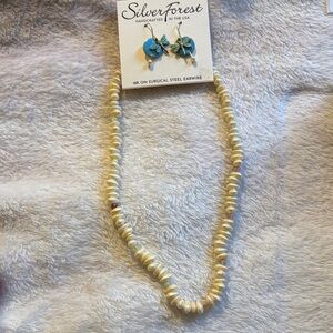 Silver Forest Ivory Beaded Necklace with Blue Earrings